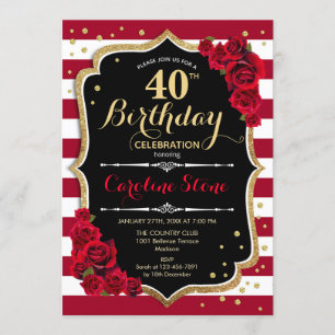 Invitation 40e anniversaire - Rouge or noir blanc rayures Ros