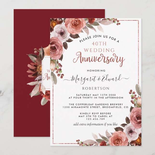 Invitation 40e Anniversaire Rouge Rubis, Blush Floral Or Rose (Devant / Derrière)