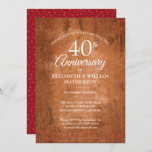 Invitation 40e Anniversaire Ruby Hearts Rustique Vintage Wood