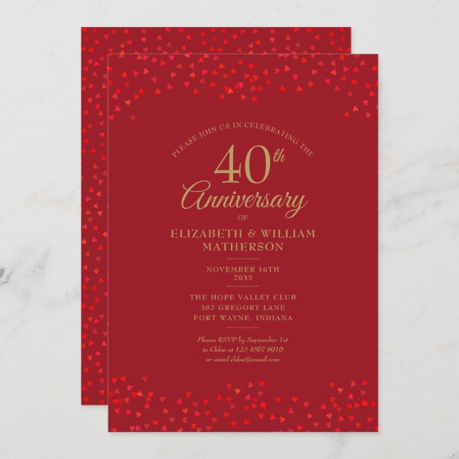 Invitation 40e Anniversaire Ruby Love Hearts Confettis (Devant / Derrière)