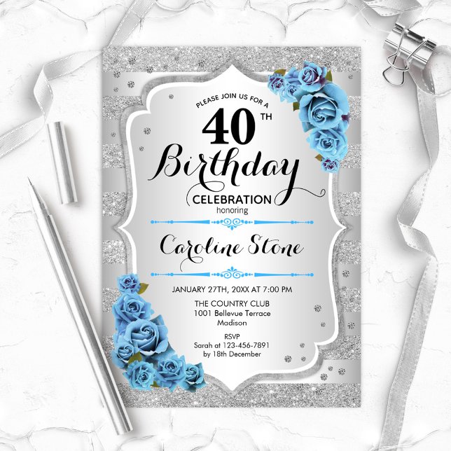 Invitation 40e anniversaire - Silver Stripes Icy Blue Roses (Créateur téléchargé)