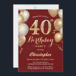 Invitation 40e anniversaire Sombre Rouge et Ballons d'or Conf<br><div class="desc">40e anniversaire Dark Red and Gold Balloons Confetti Invitation. Pour plus de personnalisation,  cliquez sur le bouton "Customiser" et utilisez notre outil de conception pour modifier ce modèle.</div>