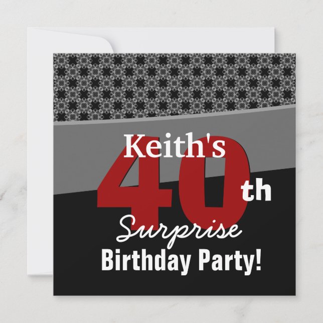 Invitation 40e anniversaire surpris moderne noir blanc rouge  (Devant)