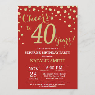 Invitation 40e anniversaire surprise Diamant rouge et or