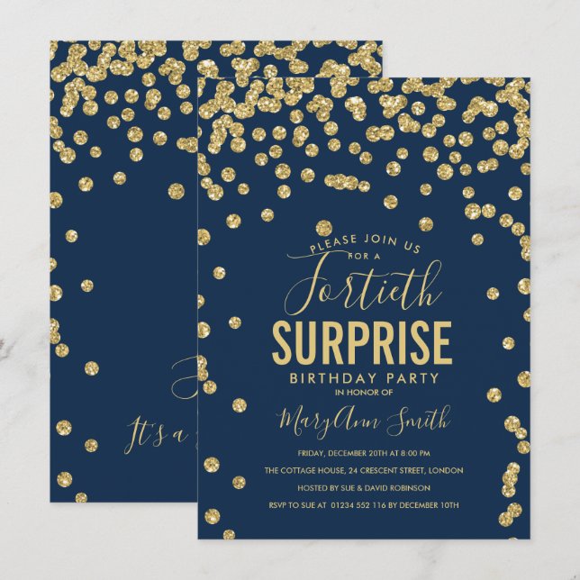 Invitation 40e anniversaire surprise Gold Navy Blue (Devant / Derrière)