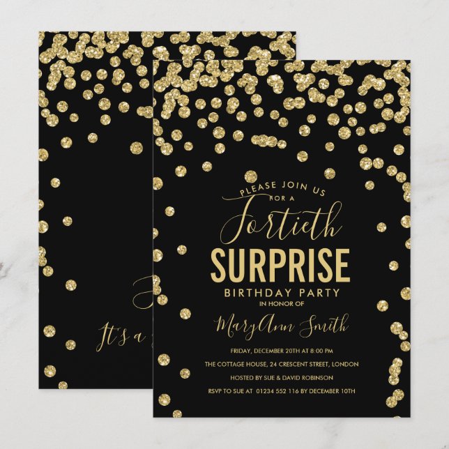 Invitation 40e Anniversaire Surprise Noir Or (Devant / Derrière)