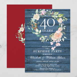 Invitation 40e anniversaire Surprise Party Floral Blue Rustic