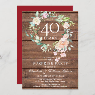 Invitation 40e anniversaire Surprise Party Floral Rustic Wood