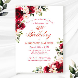 Invitation 40e anniversaire Surprise Party Rouge rose floral