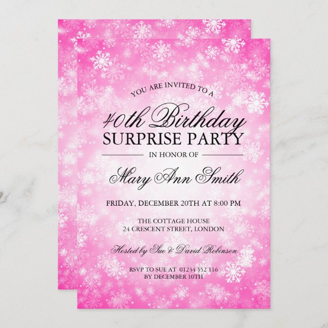 Invitation 40e anniversaire surprise Pink Winter Wonderland (Devant / Derrière)