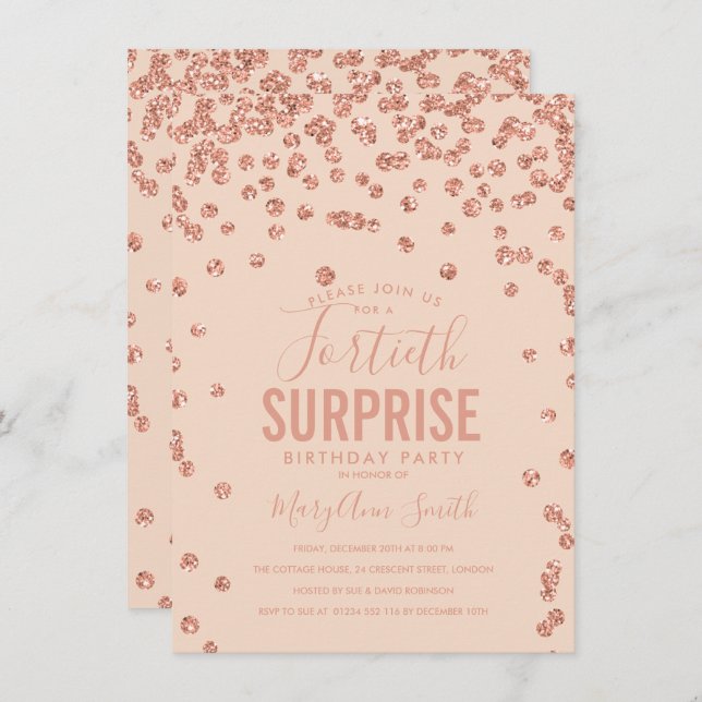 Invitation 40e Anniversaire Surprise Rose Gold Blush Pink (Devant / Derrière)