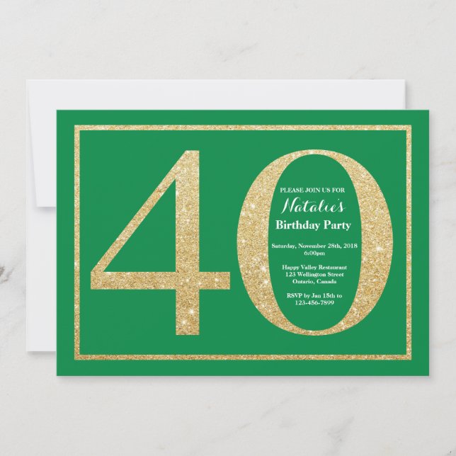 Invitation 40e anniversaire vert et or paillettes (Devant)