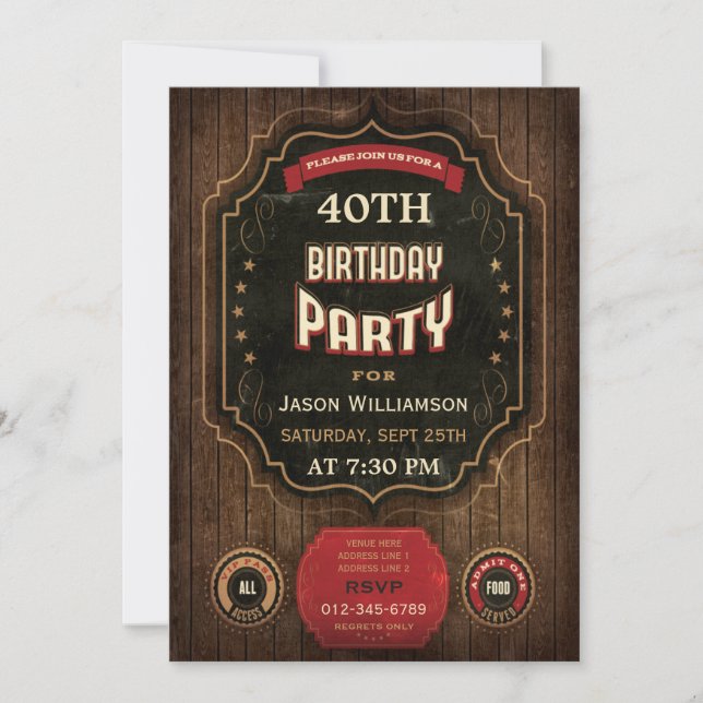 Invitation 40e anniversaire Vintage Chalkboard & Wood (Devant)