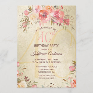 Invitation 40e anniversaire Vintage Floral Rose Roses Gold Pa