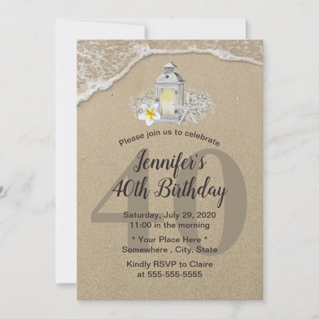 Invitation 40e anniversaire Vintage Lanterne blanche Plage ru (Devant)