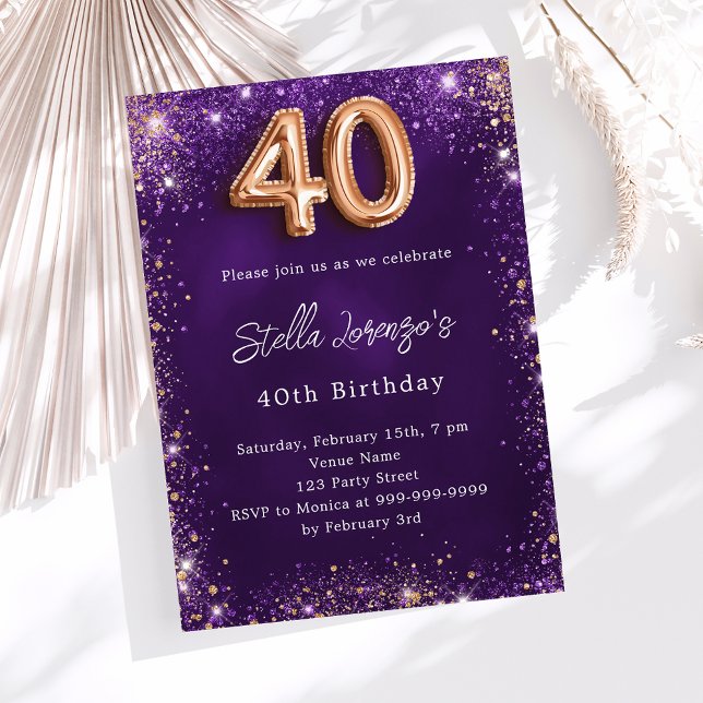 Invitation 40e anniversaire violet rose éclat or (Créateur téléchargé)