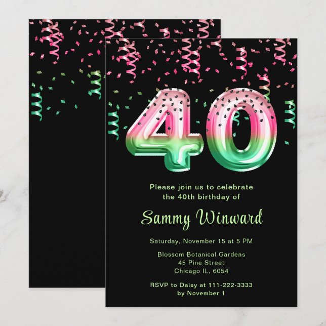 Invitation 40e anniversaire Watermelon Balloons avec Confetti (Devant / Derrière)