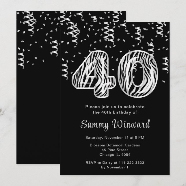 Invitation 40e anniversaire Zebra Imprimé Ballons avec Confet (Devant / Derrière)