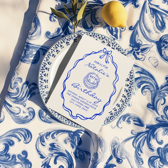 Invitation 40e Blue Bow Hand Drawn Cake Anniversaire (Créateur téléchargé)