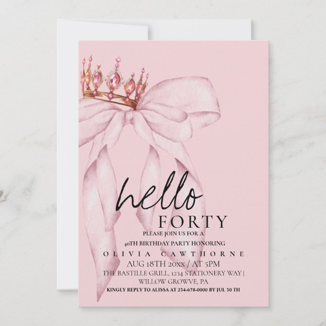 Invitation 40e Dusty Rose Bow Surprise fête d'anniversaire (Devant)