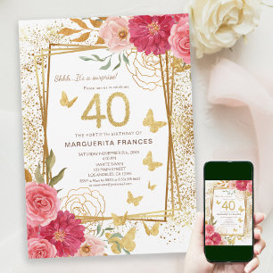 Invitation 40e étape Rose Gold Glitter Quarantième Anniversai