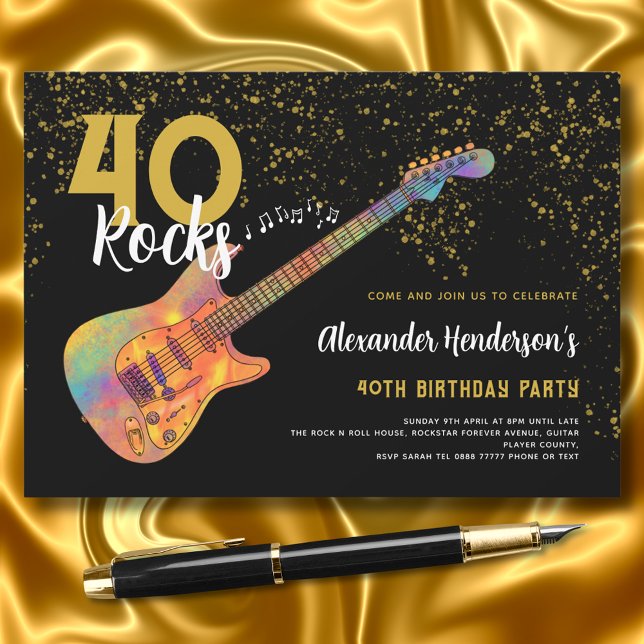 Invitation 40e fête d'anniversaire 40 Rocks Parties scintilla (40 rocks black and gold glitter 40th birthday party invitation with colorful electric guitar)