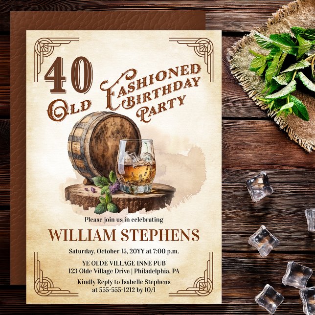Invitation 40e fête d'anniversaire au baril de whiskey à l'an (Old Fashioned whiskey barrel 40th birthday invitation vintage masculine style)