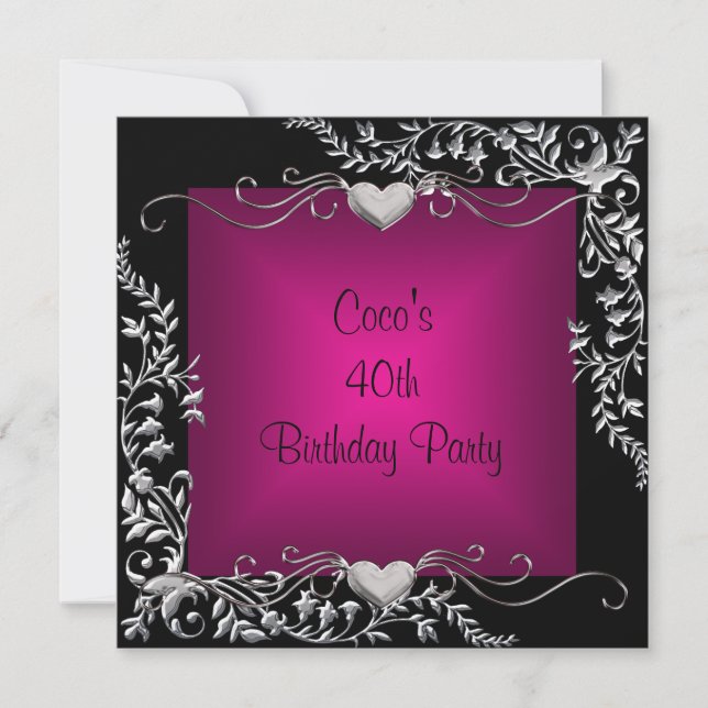 Invitation 40e fête d'anniversaire Black Argent Floral rose (Devant)
