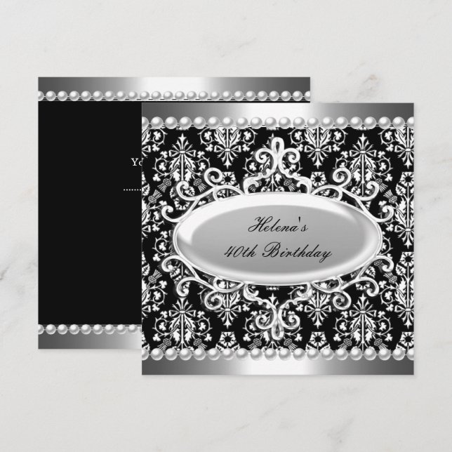 Invitation 40e fête d'anniversaire Black White Damask Pearl (Devant / Derrière)