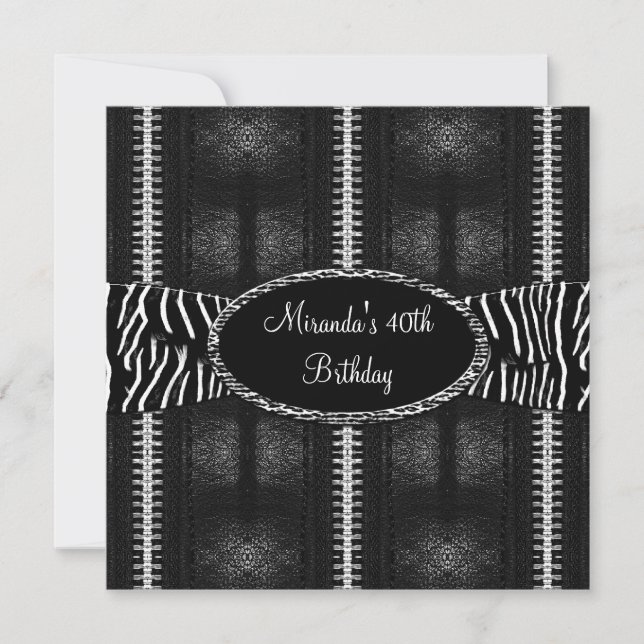 Invitation 40e fête d'anniversaire Black White Zebra Zipper (Devant)