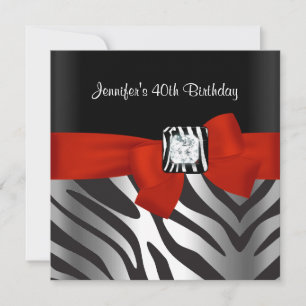 Invitation 40e fête d'anniversaire Black Zebra Stripe Red Bow