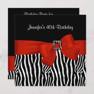 Invitation 40e fête d'anniversaire Black Zebra Stripe Red Bow