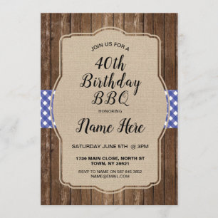 Invitation 40e fête d'anniversaire Blue En vichy Burlap Invit
