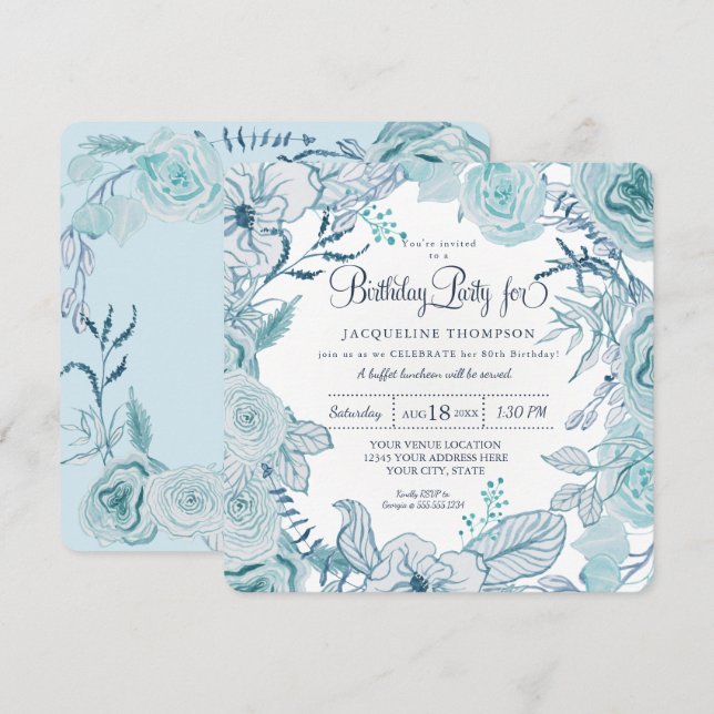 Invitation 40e fête d'anniversaire Dusty Blue Watercolor Flor (Devant / Derrière)