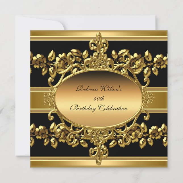 Invitation 40e fête d'anniversaire Elegant Gold Black Floral (Devant)