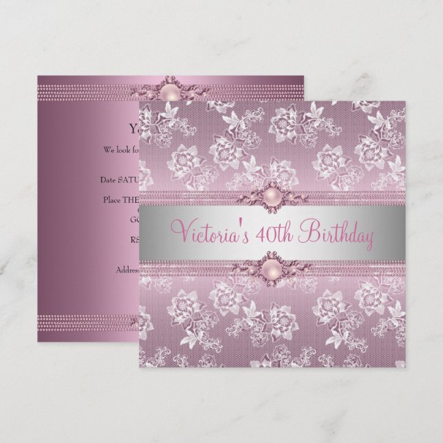 Invitation 40e Fête d'anniversaire Fleurs dentelle Rose Blanc (Devant / Derrière)