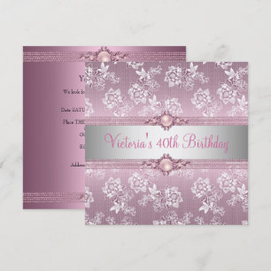 Invitation 40e Fête d'anniversaire Fleurs dentelle Rose Blanc