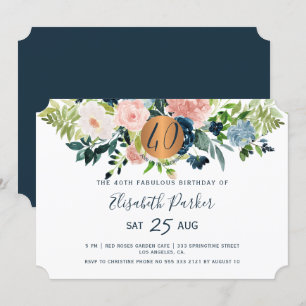 Invitation 40e fête d'anniversaire florale moderne marine aqu