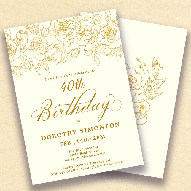 Invitation 40e fête d'anniversaire Gold Rose Floral Ivory Whi (Créateur téléchargé)