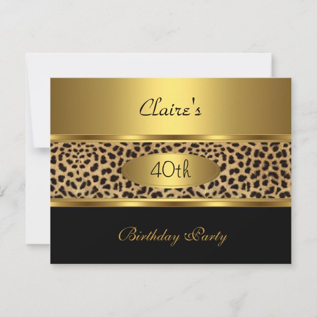 Invitation 40e fête d'anniversaire Leopard Gold Bl (Devant)