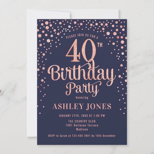 Invitation 40e fête d'anniversaire - Marine & Rose Gold (Devant)