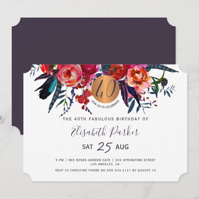 Invitation 40e fête d'anniversaire moderne boho florale aquar (Devant / Derrière)