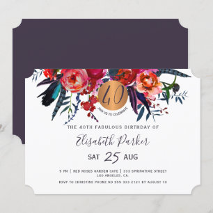 Invitation 40e fête d'anniversaire moderne boho florale aquar