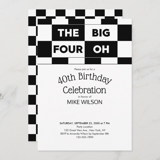Invitation 40e fête d'anniversaire Noir Blanc À damiers Motif (Devant / Derrière)