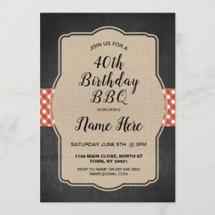 Invitation 40e fête d'anniversaire Rouge En vichy Burlap Invi