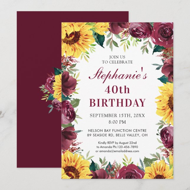 Invitation 40e fête d'anniversaire Sunflower Bourgogne fronti (Devant / Derrière)