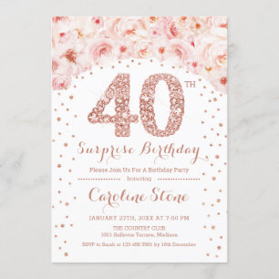 Invitation 40e fête d'anniversaire surprise - Rose blanche or