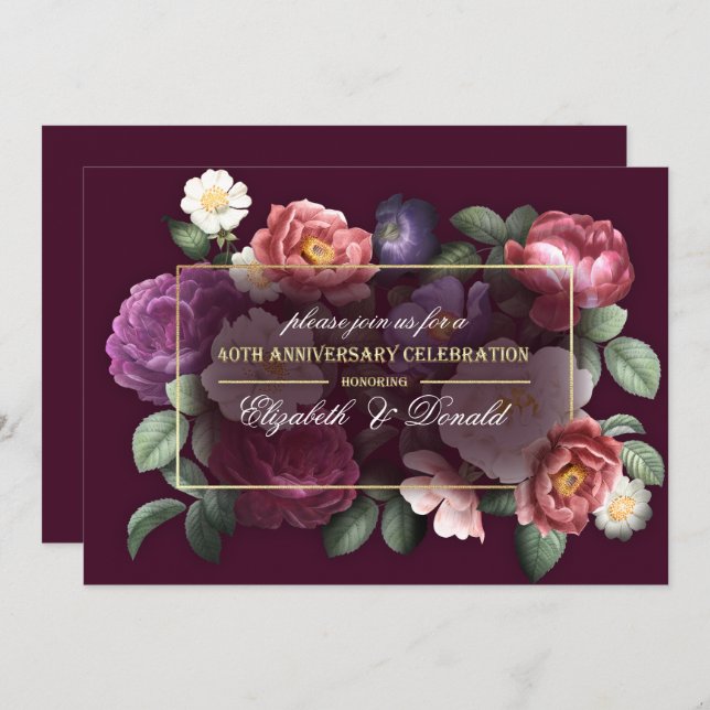 Invitation 40e fête du Mariage Floral Vintage (Devant / Derrière)