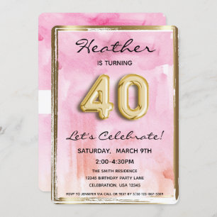 Invitation 40e Fille Anniversaire rose et or