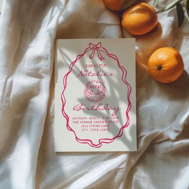 Invitation 40e gâteau à coquette rose à la main tiré à la mai (Créateur téléchargé)